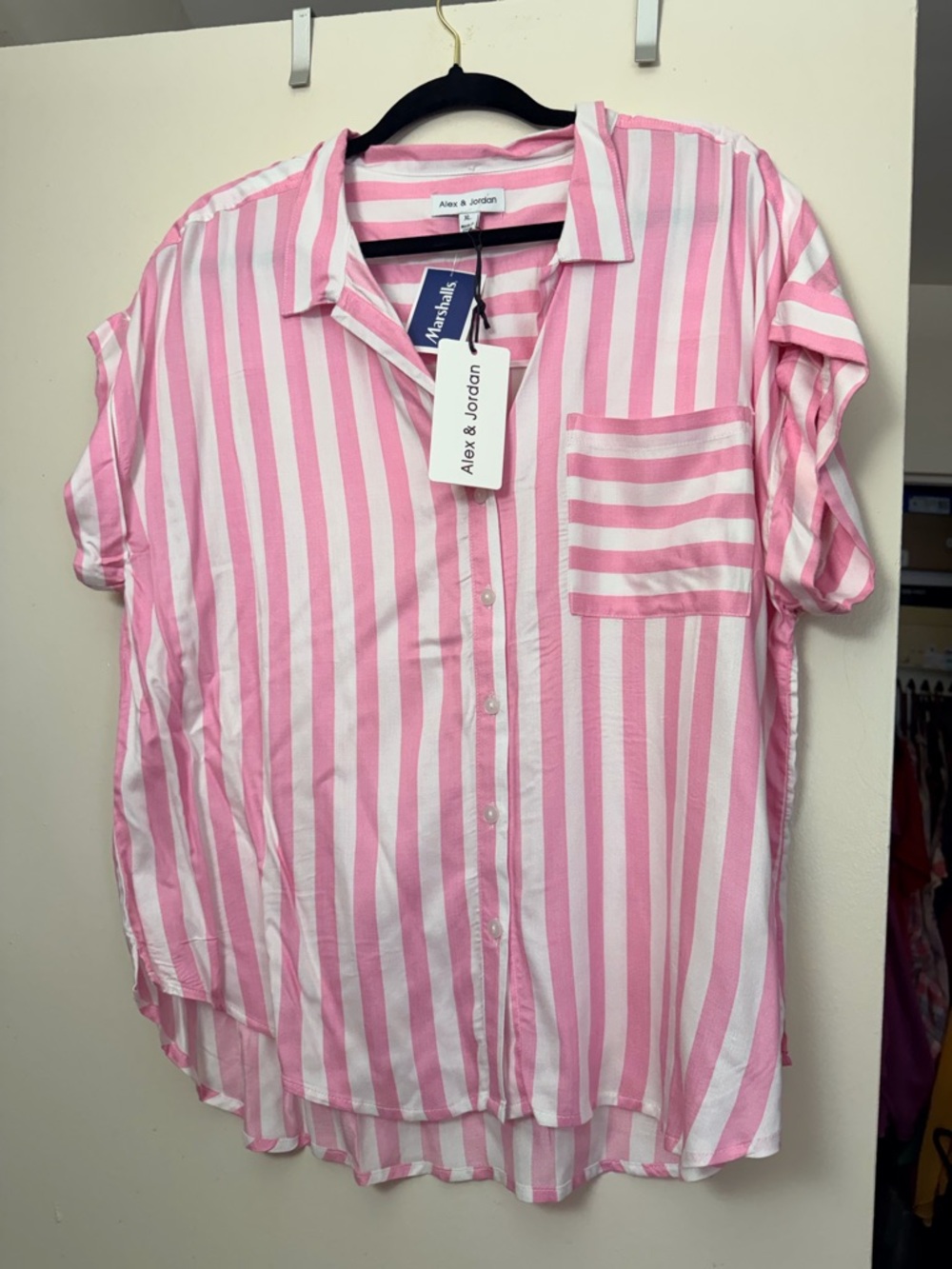 Pink and White Striped Short Sleeve Button-Front Blouse